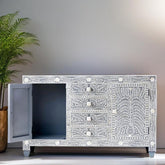 Bone Inlay Handmade Solid Hard Wood Modish Sideboard Grey Floral Pattern
